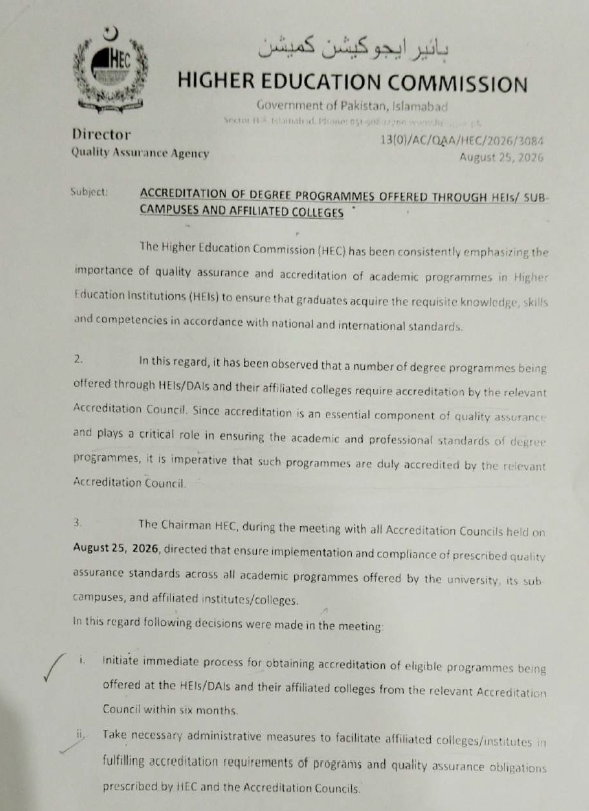 Accreditation of Degree Programmes offered through HEIs/Sub-Campuses and Affiliated Colleges